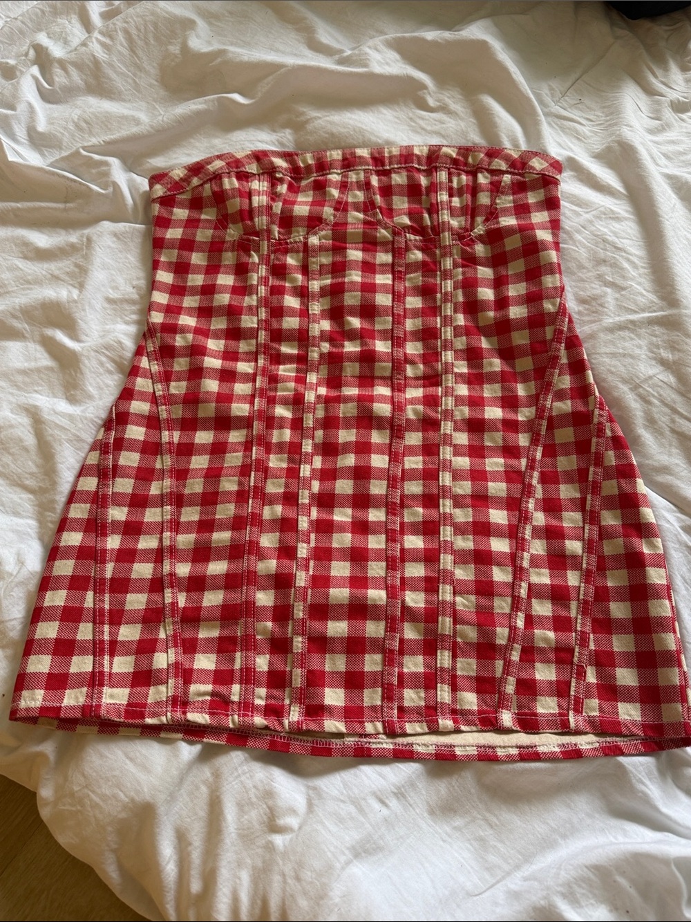 PrettyLittleThing Red & White Gingham Strapless Corset Mini